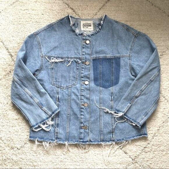 ZARA TRF Collarless Frayed Denim Jacket Size XS - Picture 6 of 14